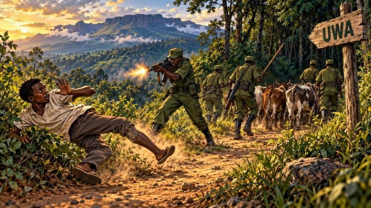 A picture illustration of how a Uganda Wildlife Authority (UWA) ranger shot at Emmanuel Arapmwoko as his other colleagues drove away the cattle