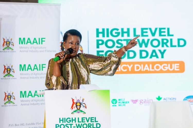 The Chairperson of the Parliamentary Committe on Agriculture, Animal Industry and Fisheries in Parliament, Hon Amelia Anne Kyambadde , addressed guests during the during the High-level post-world food day policy dialogue, themed “innovation for food and nutrition security amid rising food costs, hunger, and a changing climate”, held at Hotel African in Kampala on Thursday